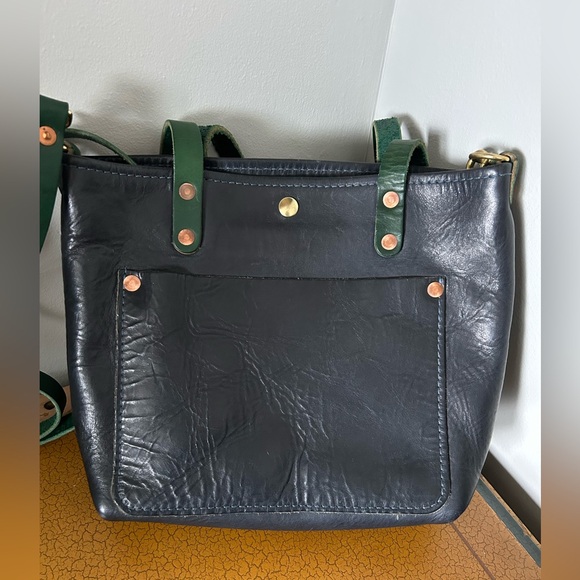 KMM and co Handbags - Black Leather Tote with Green Strap - Classic Everyday Bag